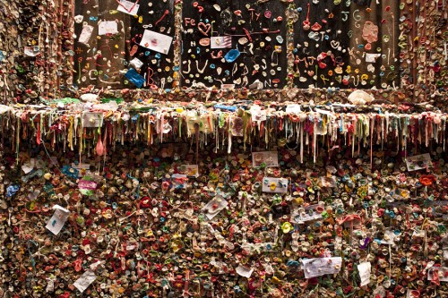 Seattle, Washington State, USA --- Pike Place market with close-ups of gum wall down alley in Post Alley Seattle Washington State --- Image by © Philip James Corwin/Corbis